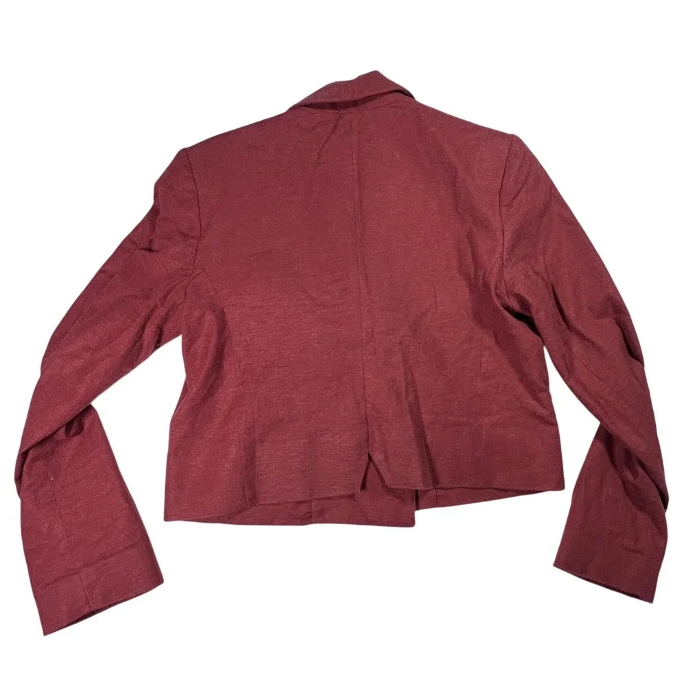 Express Cropped Linen Blend Blazer Women Small Burgundy Double Breasted Business
